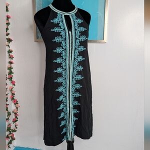 Elegant Black Midi Dress with Blue Embroidery